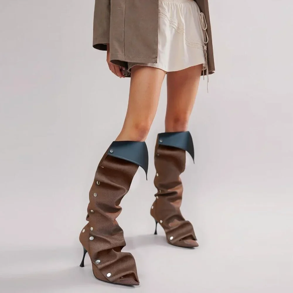 Women Brown Suede Detachable Snap-off Panel Fold Over Fall Shark Knee High Boot
